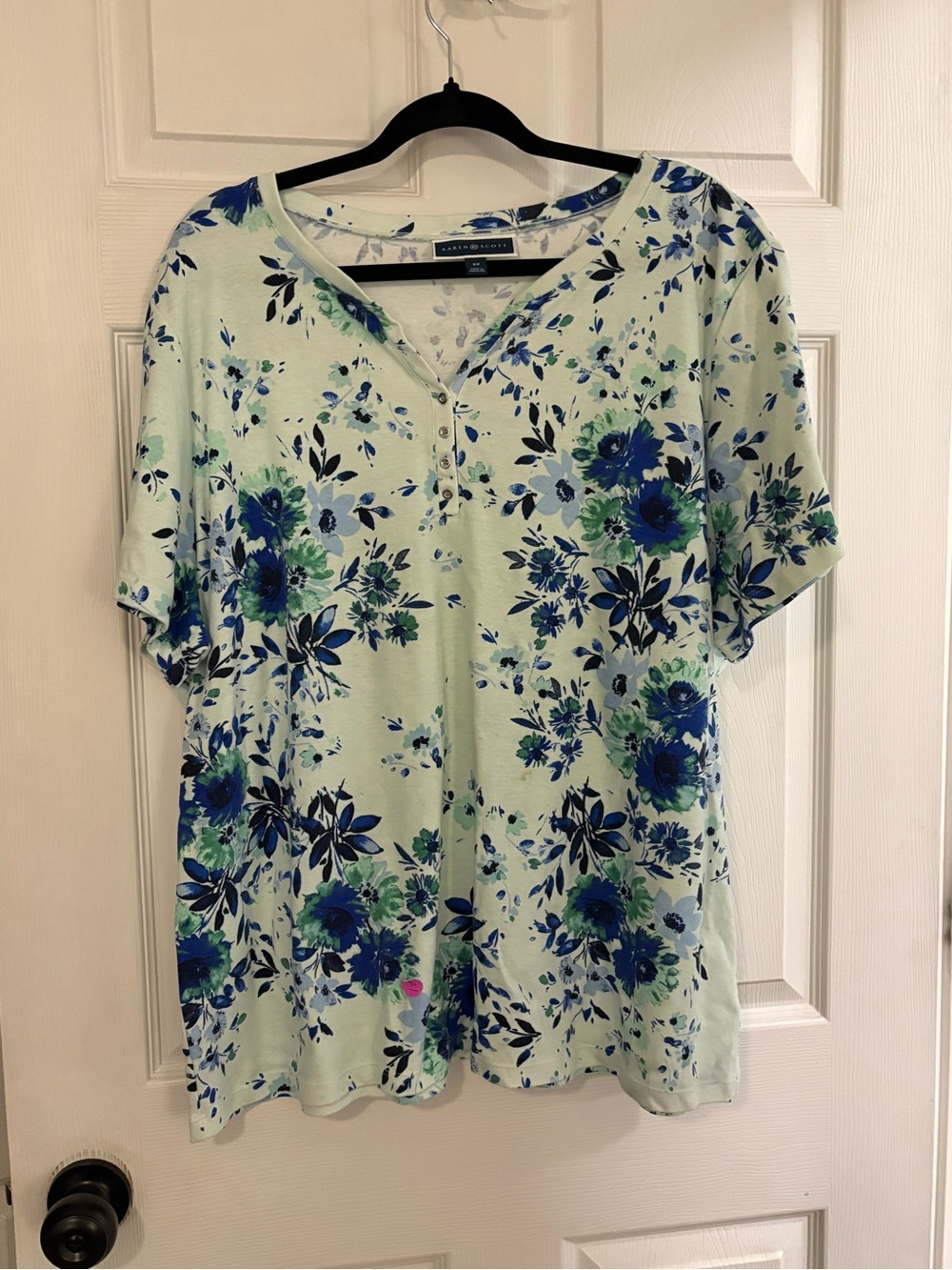 Karen Scott Light Mint Floral Henley Tee with Blue Accents